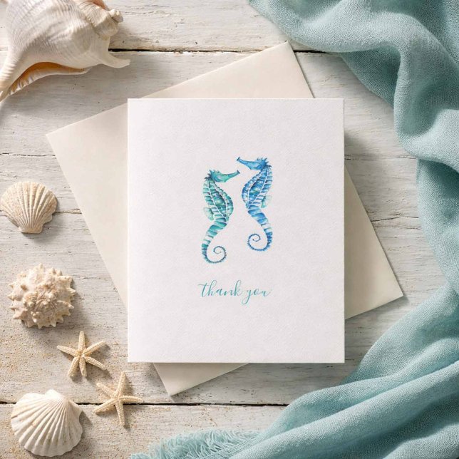 Cartes de Merci Plage (Beach Wedding thank you cards folded watercolor blue seahorses Victoria Grigaliunas Do Tell A Belle)
