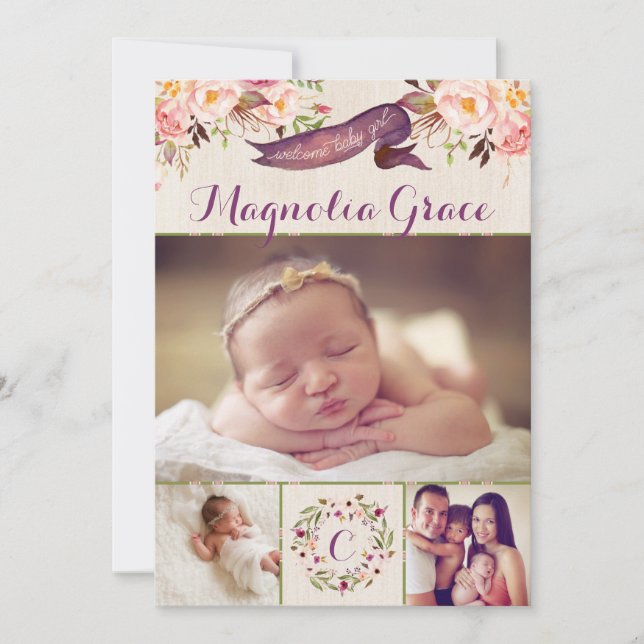 Cartes de naissance pour bébé fille aux motifs flo (Devant)