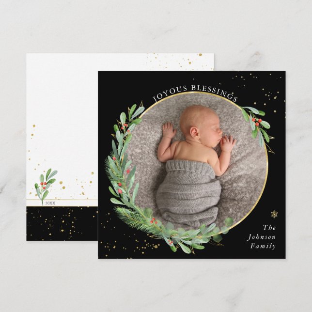 Cartes de Noël à l'aquarelle avec des végétaux Joy (Devant / Derrière)