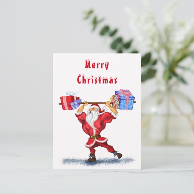 Cartes de Noël Bodybuilder Père Noël avec cadeaux (Debout devant)