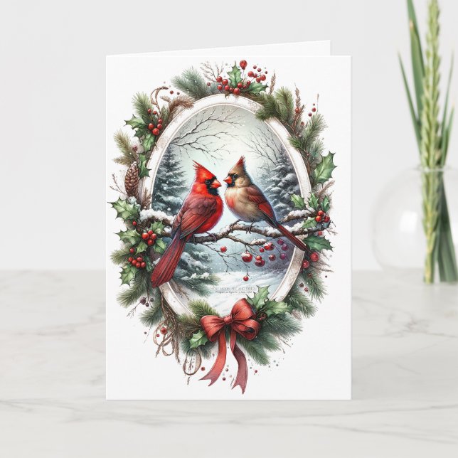 Cartes de Noël Cerf Rouge Ruban de houx Forêt enne (Devant)