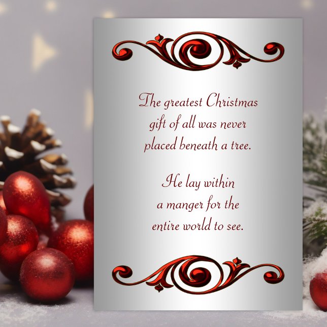 Cartes de Noël chrétiennes (Red and silver Christmas card with elegant red swirls and scripture verses.)
