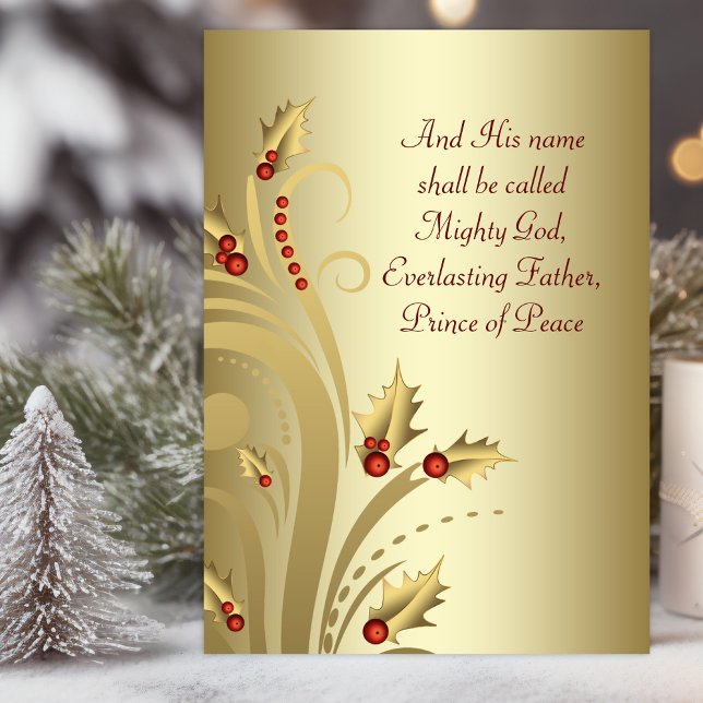 Cartes de Noël chrétiennes Red Gold (Christian Christmas card with elegant gold holly swirl and scriptures.)