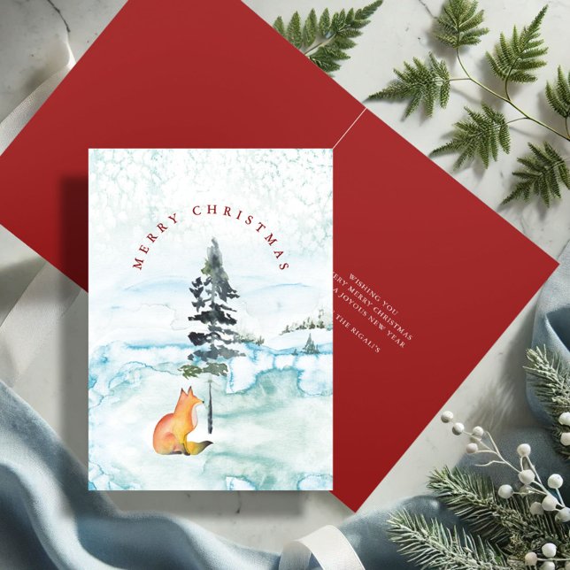 Cartes de Noël de Fox couleur d'eau douce (Watercolor Christmas cards winter fox and tree art by Victoria Grigaliunas Do Tell A Belle)