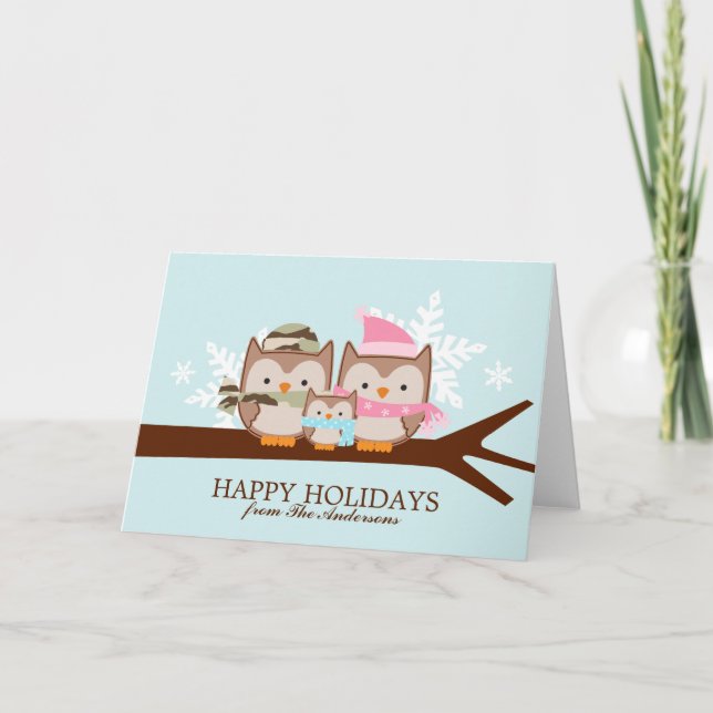 Cartes de Noël de la famille des hiboux militaires (Devant)