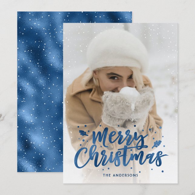 Cartes de Noël de la photo Blue Foil Script (Devant / Derrière)