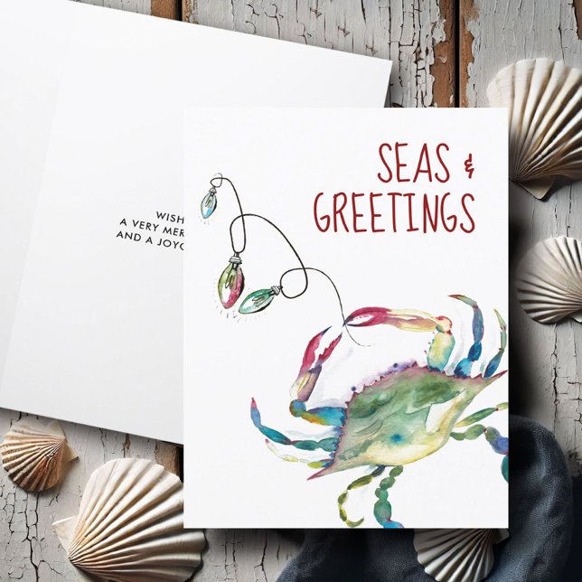 Cartes de Noël de plage Crabe d'aquarelle côtière (Beach Christmas cards watercolor crab art by Victoria Grigaliunas of Do Tell A Belle)