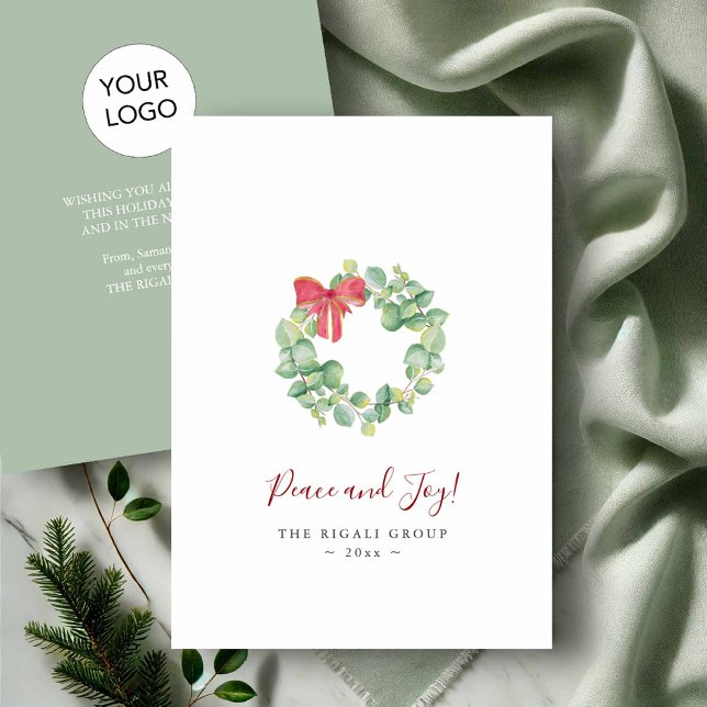 Cartes de Noël d'entreprise Logo d'entreprise (Corporate Christmas cards with logo watercolor wreath by Victoria Griglaiunas of Do Tell A Belle)