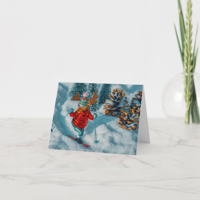 cartes de Noël drôles de rennes en ski (Devant)