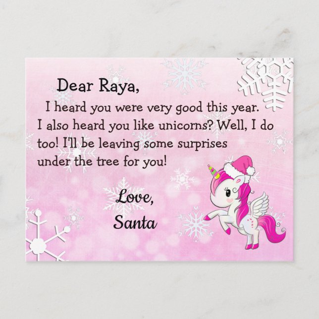 Cartes de Noël du Père Noël : Licorne rouge au cha (Devant)