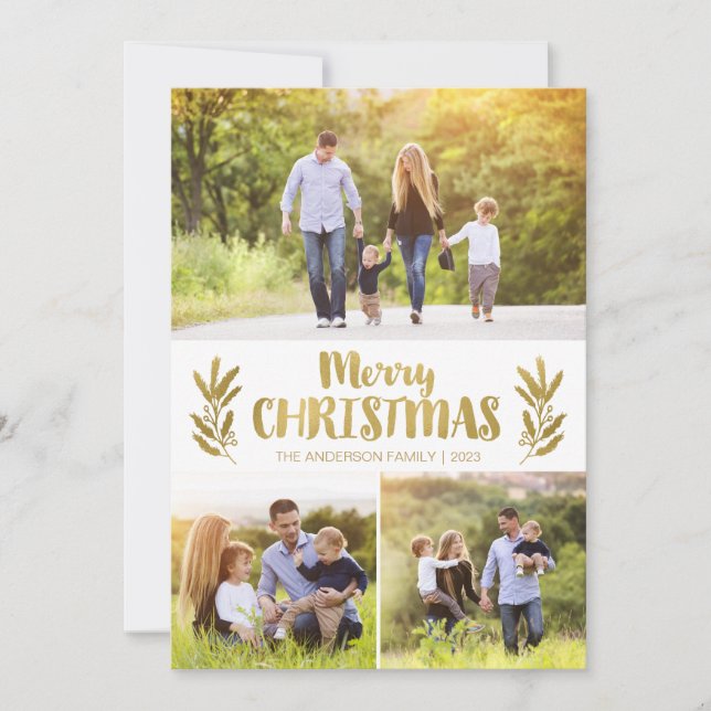 Cartes de Noël Gold Branch avec trois photos (Devant)