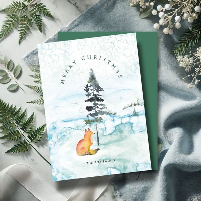 Cartes de Noël personnalisées de ferme mignonnes (Christmas cards watercolor fox and pine tree winter scene by Victoria Grigaliunas Do Tell A Belle)