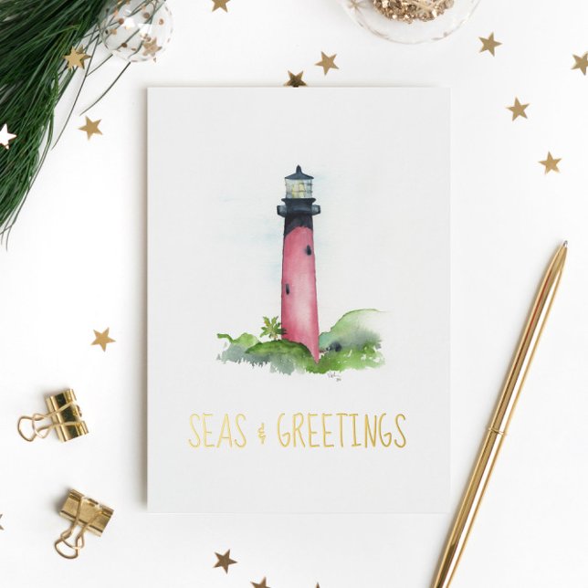 Cartes de Noël phare uniques (Beach Christmas cards Jupiter lighthouse watercolor art by Victoria Grigaliunas of Do Tell A Belle)