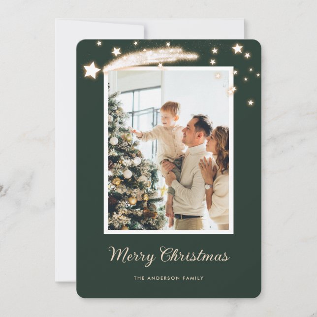 Cartes de Noël photo élégantes en vert (Devant)