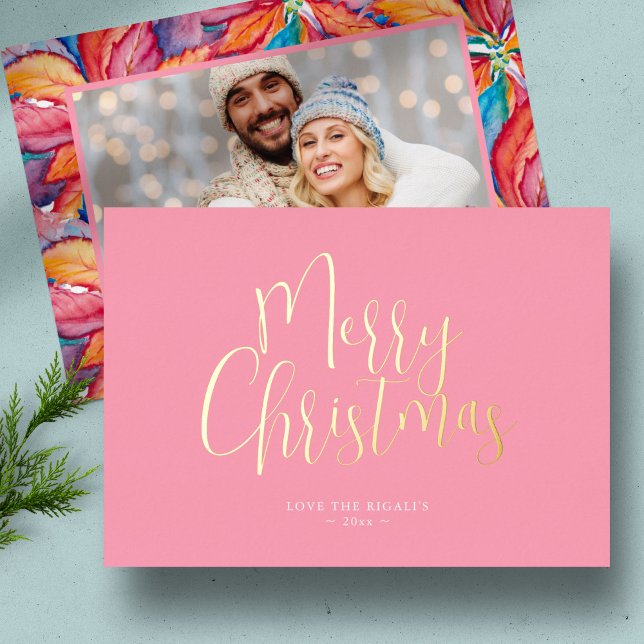 Cartes de Noël Pink Photo personnalisable en ligne (Pink photo Christmas cards unique watercolor poinsettia art by Victoria Grigaliunas)