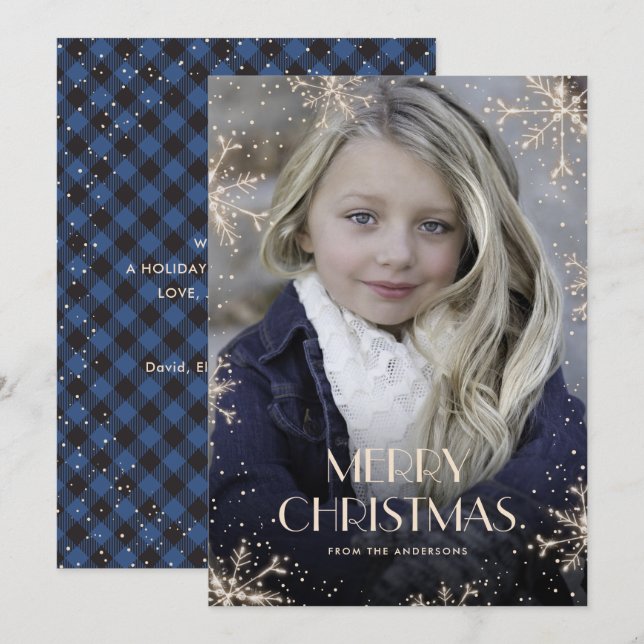 Cartes de Noël Plaid Photo Buffalo Bleu Étincelant (Devant / Derrière)