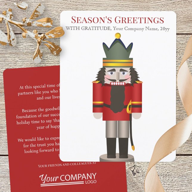 Cartes de Noël professionnelles (nostalgic red nutcracker company business logo holiday Christmas greeting card for employees clients)