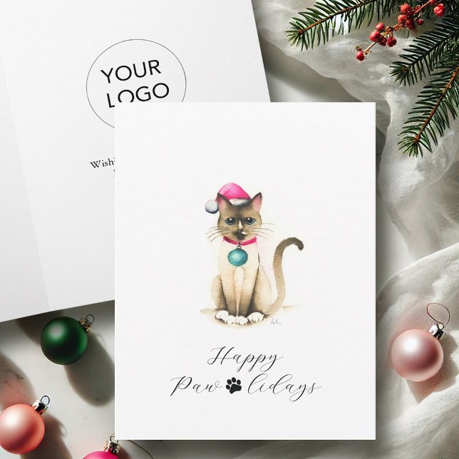 Cartes de Noël Professionnelles Avec Logo Chat Sia (Business Christmas cards with logo watercolor siamese cat by Victoria Grigaliunas Do Tell A Belle)