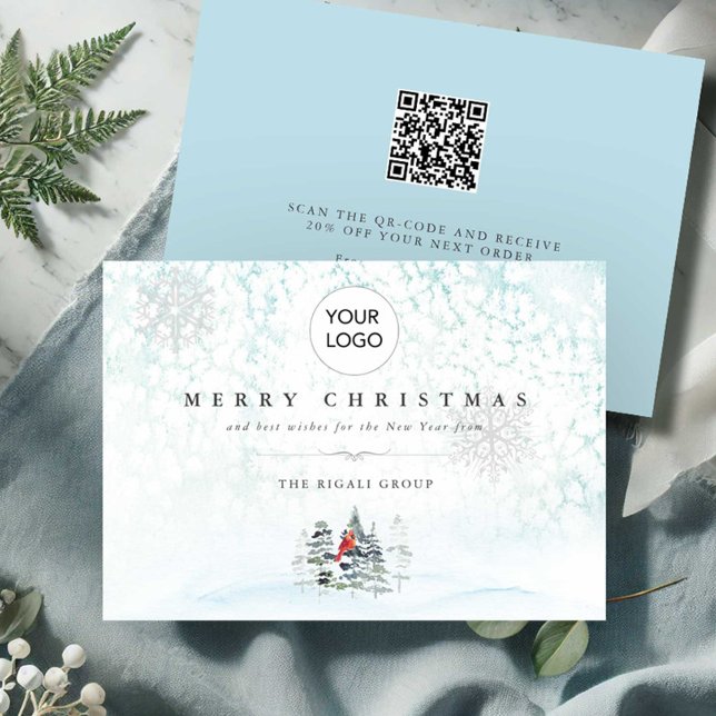 Cartes de Noël professionnelles avec logo et code  (Business Christmas cards with qr-code and logo watercolor blue winter scene pine trees and cardinal)