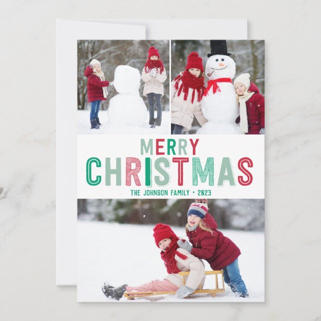 Cartes de Noël rouges et vertes avec trois images (Devant)