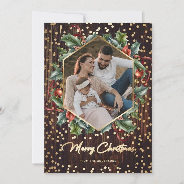 Cartes de Noël Rustic Wood Gold Wreath (Devant)