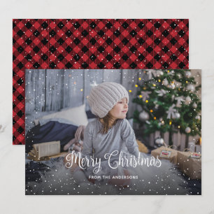 Cartes de Noël Snowy Red Buffalo Plaid Photo