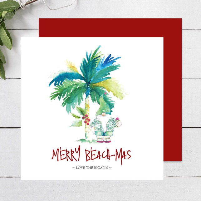 Cartes de Noël Tropical Beach (Tropical beach Christmas cards feature unique palm tree & elf watercolor art by Victoria Grigaliunas)