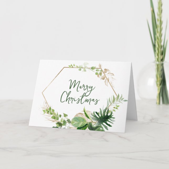 Cartes de Noël Tropicales Vert & Or Feuilles de Mo (Devant)