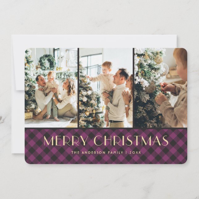 Cartes de Noël violet Buffalo Plaid Photo Collage (Devant)