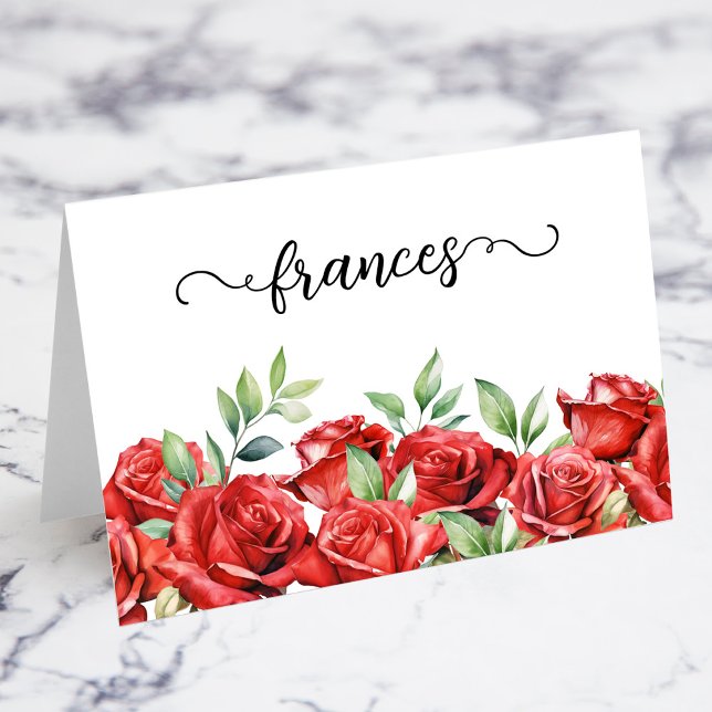 Cartes de nom de lieu de script Roses rouges aquar (Watercolor Red Roses Script Individual Guest Name Wedding Place Cards)