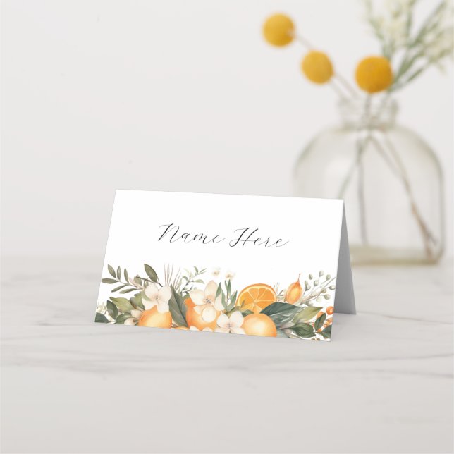 Cartes de nom pliées Oranges Mariages Florales (Devant)