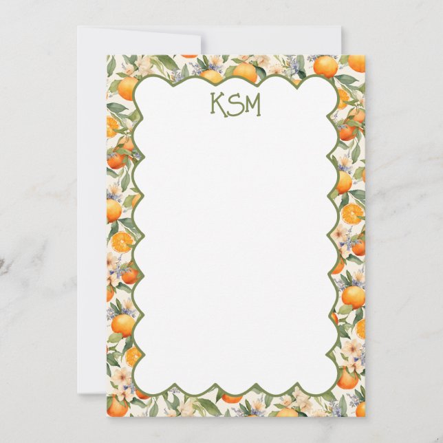 Cartes de notes pour monogramme orange en fleurs (Devant)