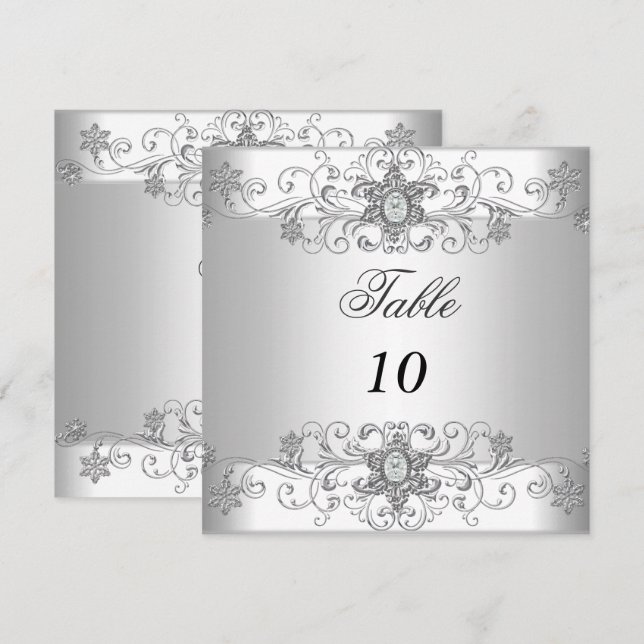 Cartes de Numéro de Table Argent Blanc Diamant (Devant / Derrière)
