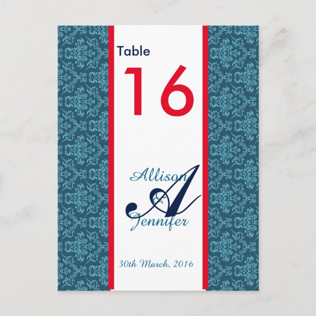 Cartes de Numéro de Table Damask Bleu (Devant)