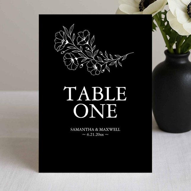 Cartes de numéro de table de Mariage d'anémone noi (Black and white wedding table cards modern elegant floral line art by Victoria of Do Tell A Belle)
