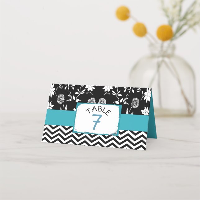 Cartes de numéro de table de Mariages noir et bleu (Devant)