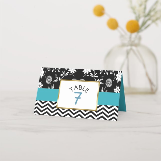 Cartes de numéro de table de Mariages noir et bleu (Devant)