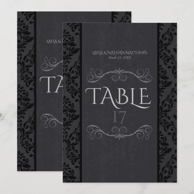 Cartes de numéro de table en damassé noir et gris (Devant / Derrière)