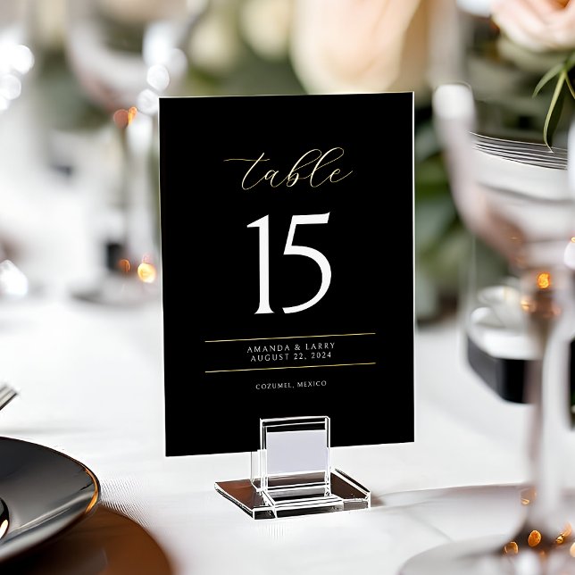 Cartes de numéro de table en feuille minimal éléga (Black and Gold Wedding Foil Table Numbers)