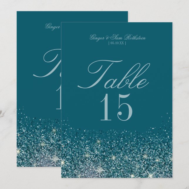 Cartes de numéro de table Paillettes Sarcelle et M (Devant / Derrière)