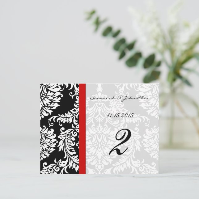 Cartes de numéro de tableau rouge noir damassé (Debout devant)