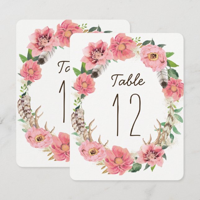 Cartes de numéros de table à plumes bohèmes aquare (Devant / Derrière)