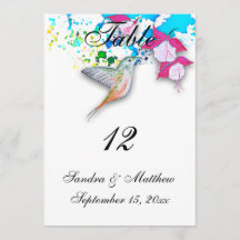 Cartes de numéros de table de mariage colibri et f