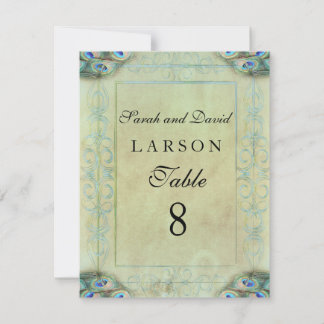 Cartes de numéros de table de mariage vintage paon