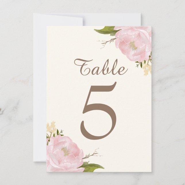 Cartes de numéros de table pour mariage aux pivoin (Devant)