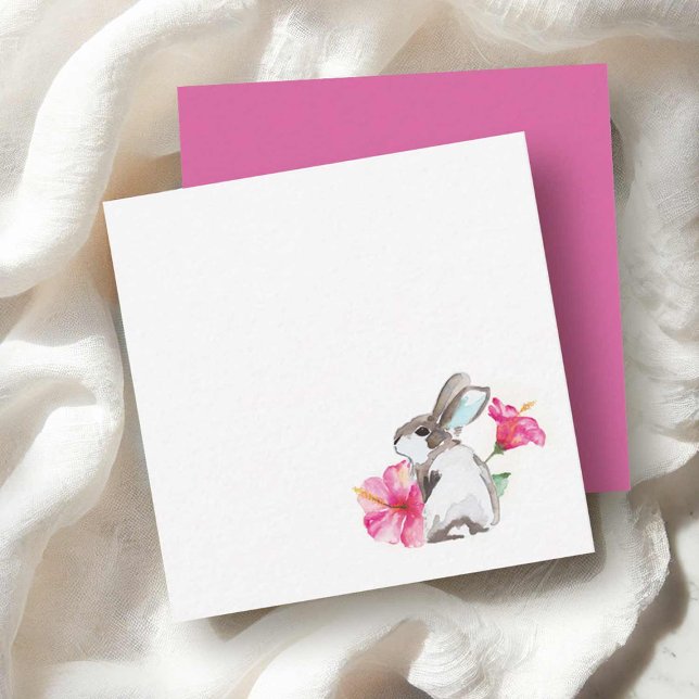 Cartes de Pâques jolies aquarelle lapin (Watercolor bunny notecards with pink hibiscus flower art by Victoria Grigaliunas of Do Tell A Belle)