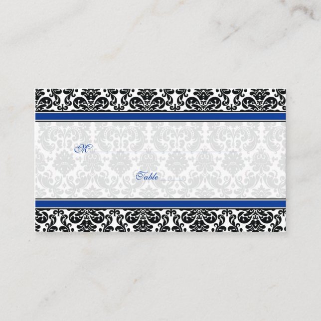 Cartes de Place Mariage damassé Bleu, Noir, Blanc (Devant)