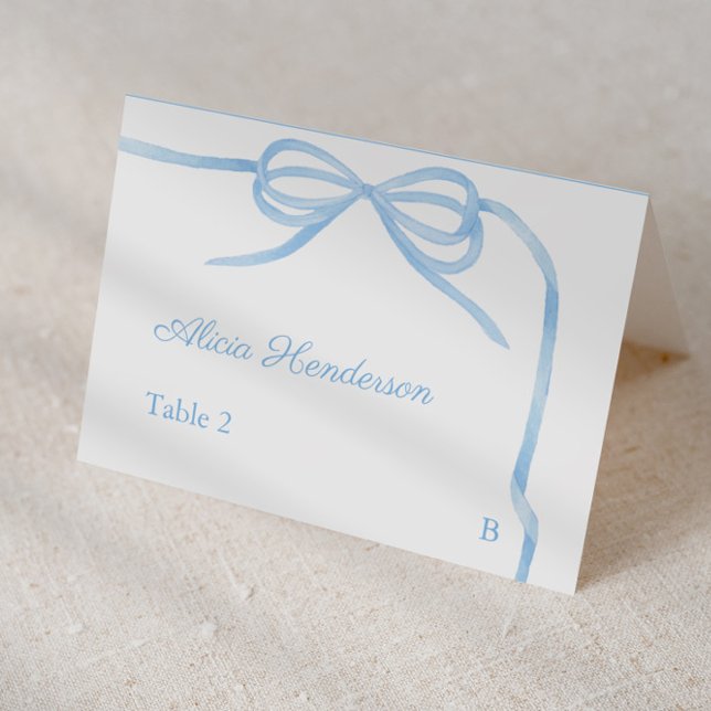 Cartes de placement de mariage individuelles à rub (Pretty light blue bow baby shower or bridal shower individual place card design)