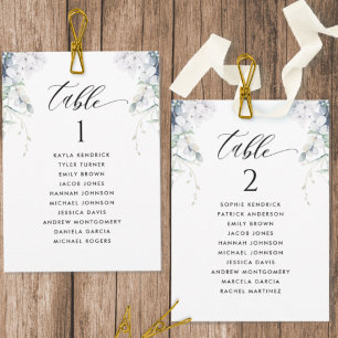 Cartes de plan de table florales bleues blanches a
