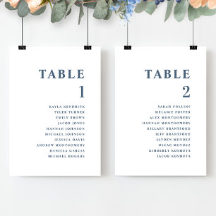 Cartes de plan de table minimales bleues avec noms